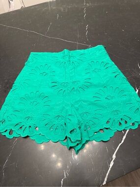 Zara Emerald Eyelet High-Waist Scallop Shorts